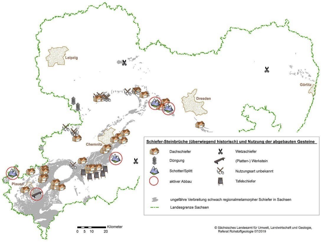 Karte der Dachschiefer Sachsens: Vorkommen, Abbau, Nutzung