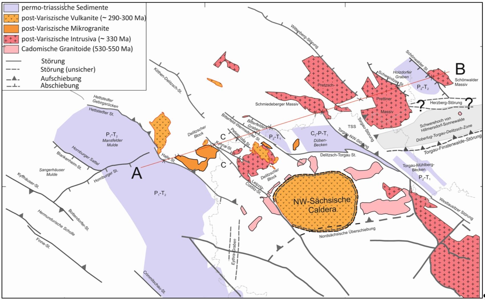 Tektonische Karte von Nordwestsachsen mit wichtigen Störungen