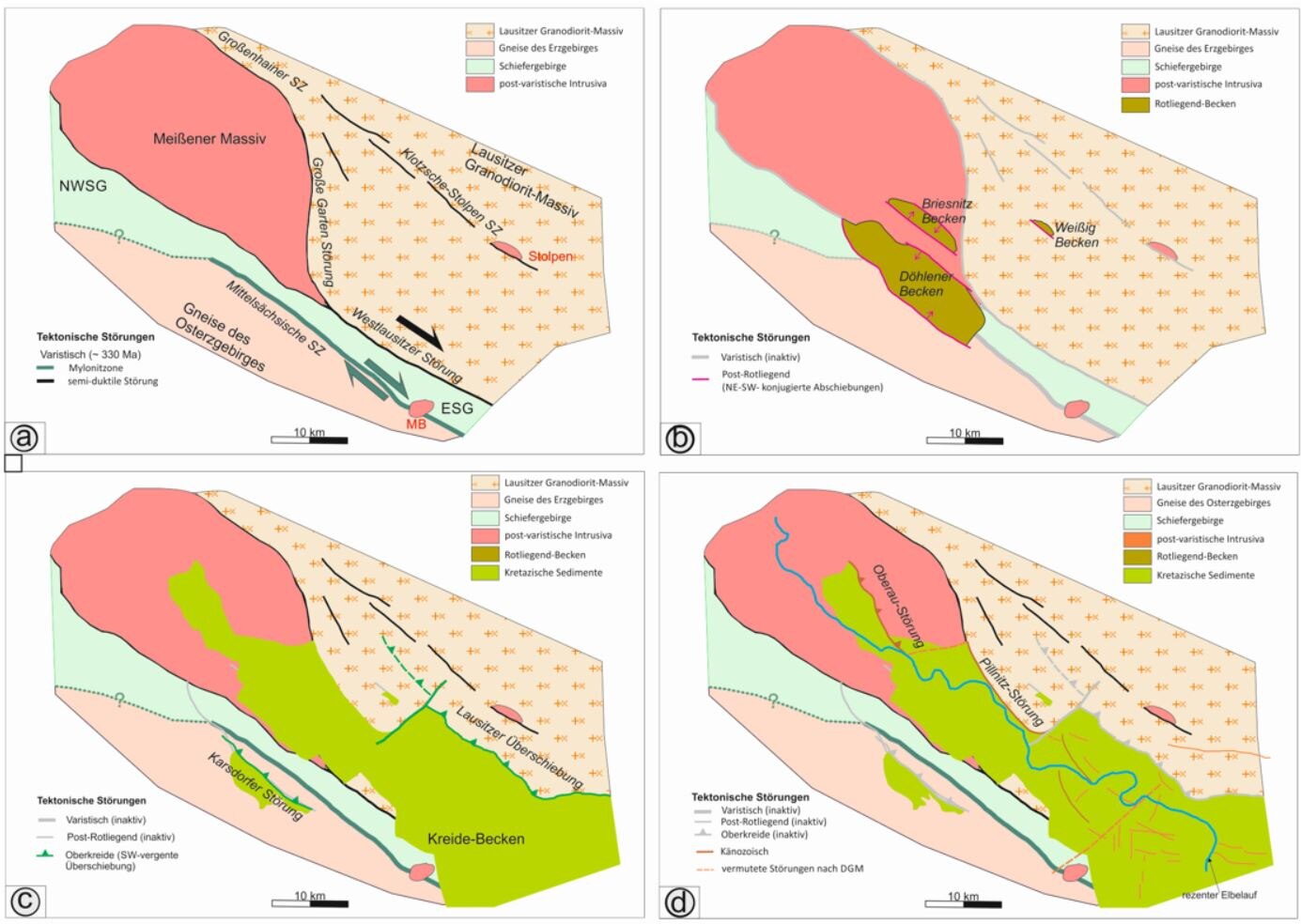 tektonische Entwicklung der Elbe-Zone bei Dresden in vier Karten