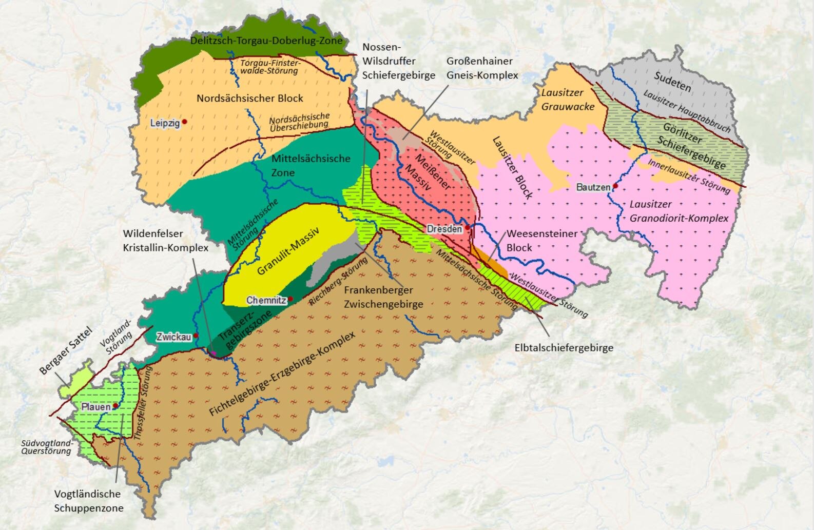 Karte mit den regionalen geologischen Einheiten des Grundgebirges in Sachsen.